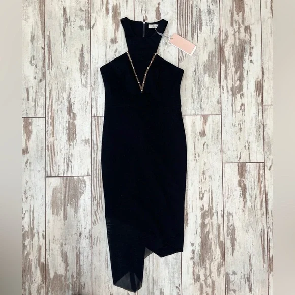 Three Floor Black Embellished Mesh Halter Dress Size 0 XXS Zip Back NWT - Picture 4 of 16